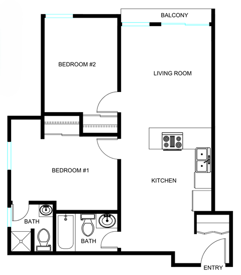 Floor plan for 2 beds, 1 bath, 677 sqft